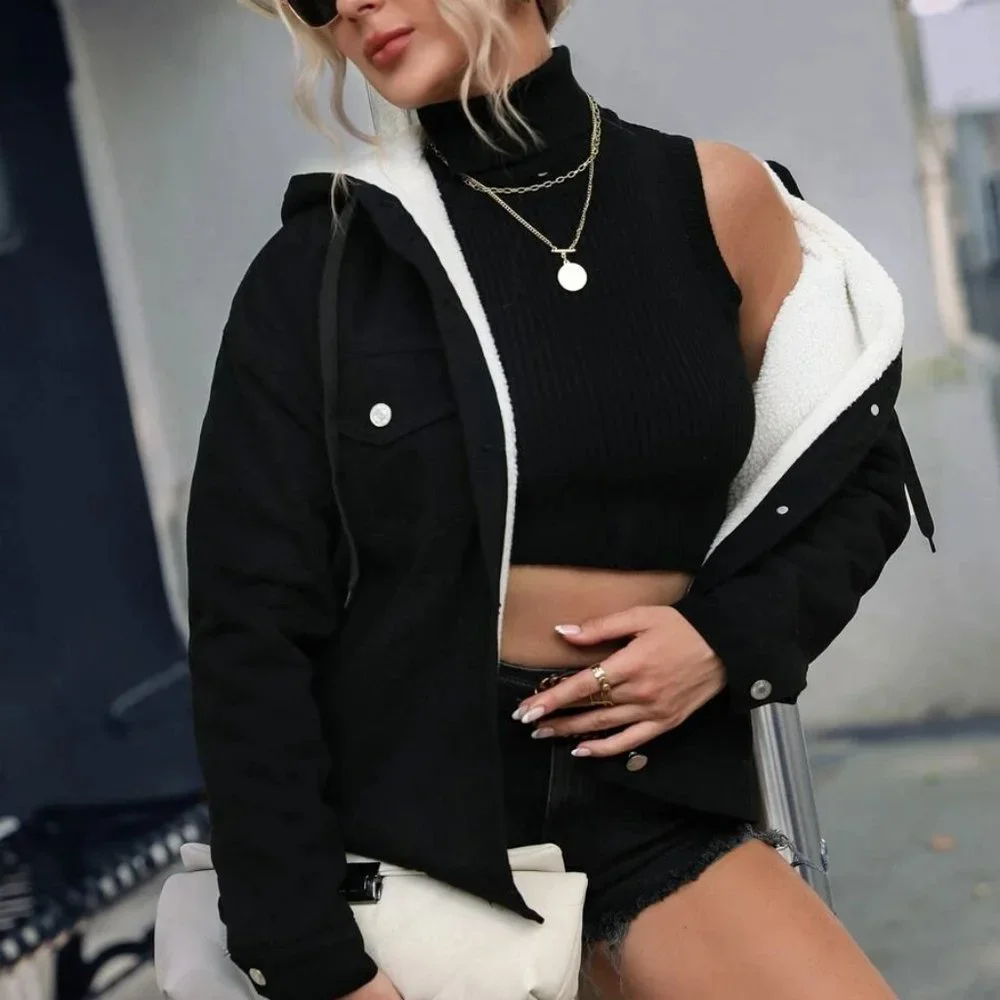 Drawstring Hooded Thermal teddy Lined Black Denim Jacket - Picture 6 of 6